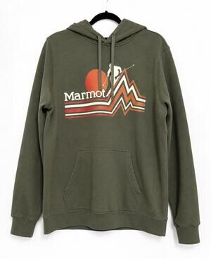 Marmot Retro Mountain Graphic Hoodie Olive Green Pullover Large